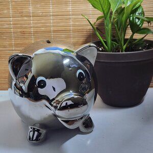 Silver Mirror Piggy Bank • Large Ceramic Coin Bank • Modern Chrome Decor